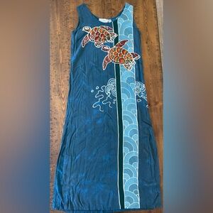 Blue Tank Dress with Turtle Design and side slits. 100% Rayon. Size XL.